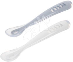 Beaba Primele lingurițe de antrenament First Age Silicone Spoons Pebble Cloud Blue Duo Beaba din silicon pentru hrănire independentă în ambalaj practic 2 bucăți albastru-alb de la 4 luni (BE913620) Set pentru masa bebelusi
