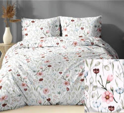  5 részes kétszemélyes ágynemű huzat garnitúra - 200x220 cm / zöld levélen rózsaszín virág mintás