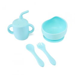 U-GROW Set 4 piese diversificare din silicon: Cana cu pai, bol , lingurita si furculita, blue, U-Grow