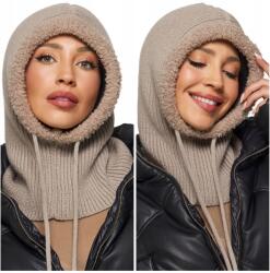 DEMUR Női Balakláva, kötött, bézs színű, kapucnis sál, téli, zsinóros állítás (czapki kominy kaptury kominiarki damskie)