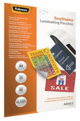 Fellowes Meleglamináló fólia, 80 mikron, A4, fényes, öntapadó, 25 db, FELLOWES "Admire Easy Display (IFW56017) - onlinepapirbolt