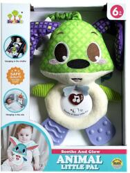  Zenélõ bébi játék, el. , hang+fény, plüss kutya, rágóka, akasztó, 22x30 cm dob. Gombel