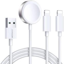 JOYROOM Cablu de date Joyroom S-IW007 3 in 1, USB la 2x Lightning, Incarcator wireless 3.5W Apple Watch integrat, 1.2m, Alb (6956116771294)