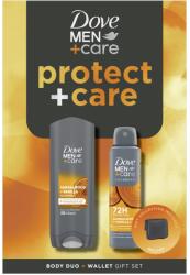 Dove Men Protect+Care ajándékszett: Szantálfa tusfürdő, 250 ml + Szantálfa spray, 150 ml + Pénztárca