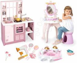 Smoby Set bucătărie electronică și set de ceai Loft Fleur Pink 360° Smoby și măsuță cosmetică Prințesele cu uscător de păr (SM312602-3) Bucatarie copii