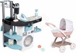 Smoby Set spălătorie cu mașină de spălat cu încărcare frontală și cărucior adânc pentru păpușă Rowenta Wash&Clean Laundry Smoby cu husă textilă și aspirator electronic cu sunet (SM330320-18)