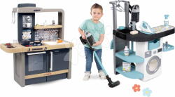 Smoby Set spălătorie cu mașină de spălat cu încărcare frontală și bucătărie Evolutive Rowenta Wash&Clean Laundry Smoby cu înălțime reglabilă și aspirator electronic cu sunet (SM330320-2)
