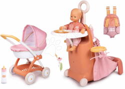 Smoby Set valiză de înfășat cu pătuț pe roți 3în1 Nursery Soft Baby Nurse Smoby și cărucior adânc cu marsupiu și biberon (SM220392-1) Papusa