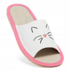 Nowo Gyerek Papucs, bőr, cica mintás, fehér-rózsaszín, Size 32, otthoni, kényelmes (D-3030)