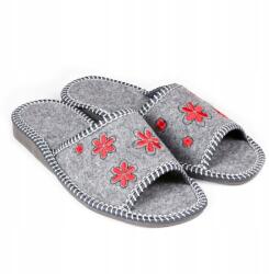Nowo Női filc papucs, piros virágos, szürke, EVA talp, kényelmes, házi (FK-1143)