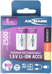 ANSMANN Li-Ion akku Baby, C 1.5V, 2300mAh USB-C csatlakozóval, 2db/csomag