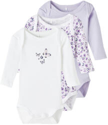NAME IT Set body bebe 3 buc, fete, mânecă lungă, alb/violet, flori, 50/98 alb/purpuriu/Purpuriu Heather (136258)