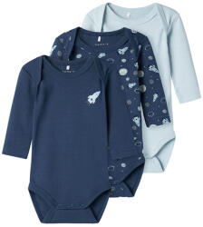 NAME IT Set 3 body băiat cu mâneca lunga, albastru/bleu rachete, 50/98 v. albastru, s. albastru/ Denim închis (143BE6)