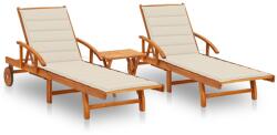vidaXL 2 db tömör akácfa napozóágy asztallal és párnákkal (3077347)