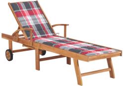 vidaXL tömör tíkfa napozóágy piros kockás párnával (3063019)