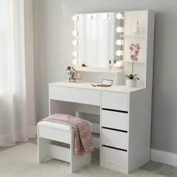 Pepita Polly Dressing Table cu oglindă LED, 5 sertare și scaun - alb (DT-01)