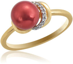  Arannyal Bevont Ezüst Gyűrű Vörös Édesvízi Gyönggyel és Fehér Topázzal, XELP13/57