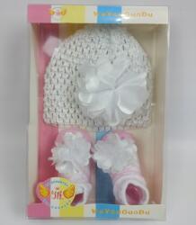  Ajándék Szett, sapka, zokni, fehér virágos, karácsonyi, ünnepi