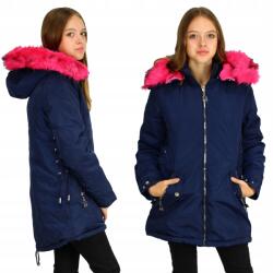 Youandbaby Téli, bélelt parka kabát kapucnival, "maci" béléssel és szőrmével, sötétkék, 140-es méret