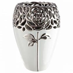  Elegáns kerámia váza rózsamotívummal - fehér és ezüst, 24 cm