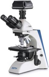 KERN OBN 135C825 biológiai mikroszkóp kamerával 40x/100x/200x/400x/1000x nagyítás, végtelen optikai egység, állítható asztal, állítható fényerejű 3 W-os LED alsó megvilágítás, trinokuláris, szoftver (OBN 1