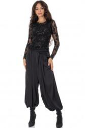 ROH Pantaloni dama stil harem din satin Negri cu buzunare Aimelia TR566