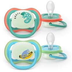 Philips Set 2 suzete Philips Avent Ultra Air SCF376/28 care lasa pielea bebelusului sa respire, ortodontice, fara BPA, 6-18 luni, pentru noapte, cu buton fosforescent (Multicolor) (SCF376/28)
