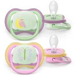 Philips Set 2 suzete Philips Avent Ultra Air SCF376/29 care lasa pielea bebelusului sa respire, ortodontice, fara BPA, 6-18 luni, pentru noapte, cu buton fosforescent (Multicolor) (SCF376/29)