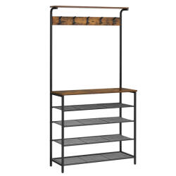 VASAGLE Ipari Stílusú Előszobai Állvány 5 Cipőtartó Polccal és Akasztókkal Rusztikus Barna-Fekete (EUZ-HSR408B01) - prodis