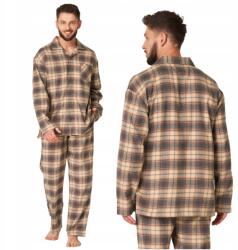 Key Férfi flanel pizsama, Size XL, 100% pamut, barna-bézs kockás, gombos felső (MNS 402)