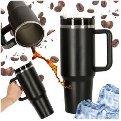 KIK Rozsdamentes acél hőszigetelt bögre szívószállal, 1200 ml, fekete (IK1263)