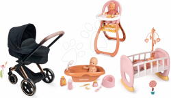 Corolle Set cărucior combinație triplă pentru păpușă în sala de mese Cybex Black 3in1 Pram Corolle cu scaun de masă cădiță și leagăn (CO141870-4)