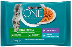 PURINA ONE INDOOR tonhallal és zöldbabbal szószban, vadhússal és sárgarépával szószban, 24 x 85 g