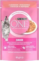 PURINA ONE JUNIOR mini tasakok lazaccal és sárgarépával szószban 6 x 85 g