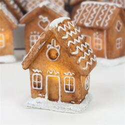  Dekoráció mézeskalács ház LED-es poly 5x6x8cm barna - fehér 4féle 1db (0616)