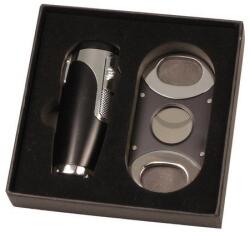 Sky Fekete és króm szinü Sky szivaröngyújtó és szivarvágó - szivar szett (H-238357)