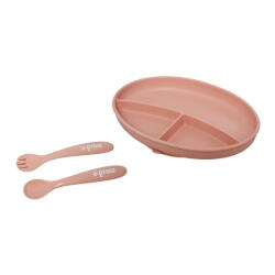 U-GROW Set farfurie cu lingurita si furculita silicon, roz , U-Grow