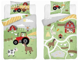 Maya Moo Gyerek Bambusz ágyneműhuzat 90x120cm - Zöld Farm Piros Traktorral