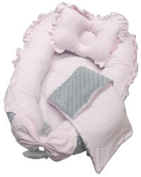 Lafel Pamut-Minky babafészek szett - Szürke / Rózsaszín pöttyös