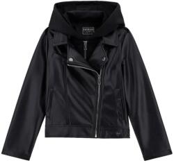 GUESS Кожено яке в черно за момиче с асиметричен цип и качулка Guess