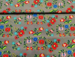 Çelik Textile Pamutvászon szürke alapon népművészeti virágok 140 cm széles