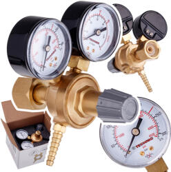 Technic MINI reductor de gaz din alamă pentru argon și dioxid de carbon (CO₂), 300 bar presiune la intrare, 0-10 bar presiune la ieșire, debit 20 l/min, 2 manometre PSI/bar - pentru sudare TIG/MIG/MAG (MKN-44