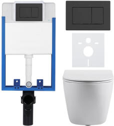 Cerano - Komplett falsík alatti WC-készlet Lite/Cesso - fényes fehér - klasszikus WC-gomb, matt fekete - fali szereléshez - 49x36 cm