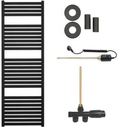 Cerano - Vincenzo fürdőszobai radiátor szett - kombinált fűtéssel, termosztáttal - oldalsó egypontos csatlakozással - 500W - matt fekete - 1330x450 mm