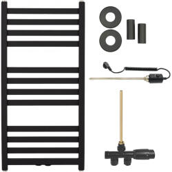 Cerano - Fulgidus fürdőszobai radiátor szett - kombinált fűtéssel, termosztáttal - oldalsó egypontos csatlakozással - 503W - matt fekete - 880x430 mm