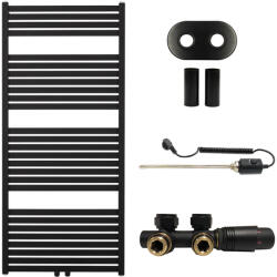 Cerano - Vincenzo fürdőszobai radiátor szett - kombinált fűtéssel, termosztáttal - központi csatlakozással 50 mm - 600W - matt fekete - 1330x600 mm