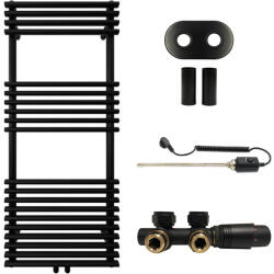 Cerano - Luigi fürdőszobai radiátor szett - kombinált fűtéssel, termosztáttal - központi csatlakozás 50 mm - 545W - matt fekete - 1200x500 mm