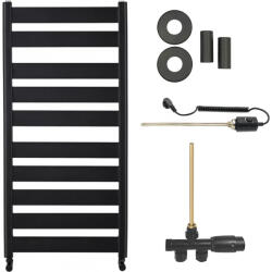 Cerano - Marco fürdőszobai radiátor szett - kombinált fűtéssel, termosztáttal - oldalsó egypontos csatlakozással - 600W - matt fekete - 1125x550 mm (CER-663817)