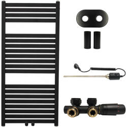 Cerano - Luigino fürdőszobai radiátor szett - kombinált fűtéssel, termosztáttal - központi csatlakozással 50 mm - 300W - matt fekete - 970x450 mm