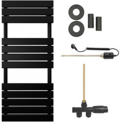 Cerano - Claude fürdőszobai radiátor szett - kombinált fűtéssel, termosztáttal - oldalsó egypontos csatlakozással - 650W - matt fekete - 1200x500 mm